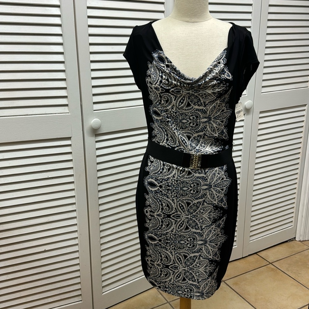 Minelli Black White Blue Dress with Detachable Belt Size Large